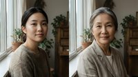 Young Asian woman and senior Asian woman sitting by window in cozy home interior with natural lighting for family generational lifestyle concepts.