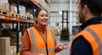 Female warehouse manager in safety vest discussing operations with male colleague in modern distribution center for logistics training materials.