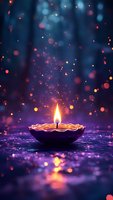 Traditional oil lamp with glowing flame against dark blue background with magical bokeh lights, perfect for Diwali or spiritual celebrations.