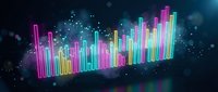 Colorful neon bar chart with glowing data visualization and connected dots showing business growth trends on dark background for presentations.