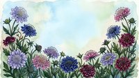Watercolor floral border with purple, blue, and burgundy wildflowers on soft sky background, leaving copy space for text or greeting cards.