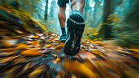 Dynamic close-up of running shoe sole on autumn forest trail with motion blur effect and vibrant orange fallen leaves, capturing speed and movement in nature.