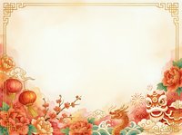 Vintage Asian-inspired frame with red lanterns, peonies, and dragon motifs on cream background. Ornamental corners and floral borders create elegant template for festive designs.