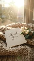Thank you card with white flowers on cozy knit blanket near sunny window, warm golden light, gratitude and appreciation concept.