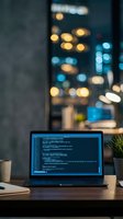 Laptop displaying programming code on wooden desk in modern office with blurred city lights background creating atmospheric workspace for software development.