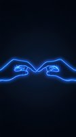 Glowing blue neon hands reaching towards each other against dark background, creating dramatic connection effect for technology and communication concepts.