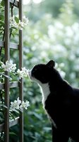 Black and white cat smelling jasmine flowers on wooden trellis in spring garden with soft bokeh background for pet and nature content.