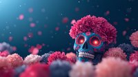 Decorative sugar skull with pink carnation crown against dark background with floating petals and bokeh lights, celebrating Day of Dead traditions.