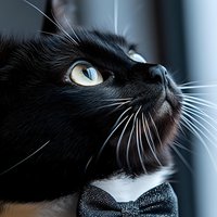 Close-up portrait of elegant black cat with yellow eyes wearing bow tie, looking up against blurred background. Dramatic lighting highlights whiskers and facial features.