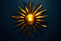 Decorative golden sun burst wall light with illuminated center glowing against dark teal background, creating dramatic celestial ambiance for interior design.