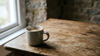 Rustic ceramic mug with hot beverage steaming on weathered wooden table near window, evoking cozy morning atmosphere for lifestyle and home decor projects.