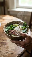Person with dark skin tone holding a steaming bowl of Asian noodle soup with beef, fresh herbs, and vegetables in a rustic ceramic bowl, ready to eat.