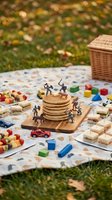 Miniature figures climbing stacked pancakes on wooden board surrounded by toy food, blocks and toy car during outdoor picnic on grass with basket and blanket.