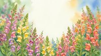 Watercolor snapdragon flowers in pink, yellow, and orange frame a bright open sky, creating a vibrant floral border for cards and invitations.