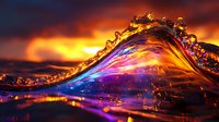 Dramatic ocean wave at sunset with vibrant purple and orange colors, glowing water droplets creating magical light effects against fiery sky background.
