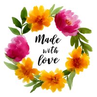 Watercolor floral wreath with pink and orange flowers, green leaves and handwritten text Made with love in center, on white background for greeting cards.