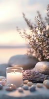 Serene spa composition with glowing candle, pebbles, and delicate pink flowers against sunset sky, creating peaceful wellness atmosphere for relaxation and meditation.