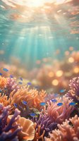 Underwater coral reef scene with colorful fish swimming among vibrant corals, sunlight rays filtering through water creating magical bokeh effects for marine themes.
