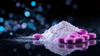 White powder and pink pills on reflective black surface with blue bokeh lights in dark background, dramatic pharmaceutical composition.