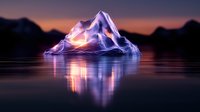 Glowing crystal iceberg floating on calm water at sunset with purple and orange sky reflection creating mystical arctic landscape for fantasy and nature concepts.
