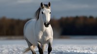 Majestic white horse running freely across snow-covered field against blurred winter forest background, showcasing grace and natural beauty in cold season.
