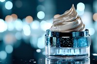 Luxury cosmetic cream in sparkling glass jar against blurred bokeh background in blue tones, skincare and beauty product photography.