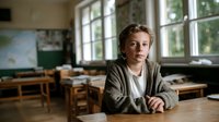 Young student sitting alone at wooden desk in empty classroom with large windows, contemplative expression, wearing casual cardigan over white shirt.