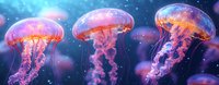 Luminescent jellyfish floating in deep blue waters with glowing pink and purple hues, creating magical underwater atmosphere. Panoramic marine life composition.