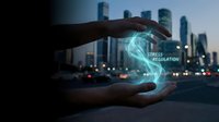 Hands protecting glowing stress regulation hologram against city skyline at dusk. Mental health technology concept for wellness apps and healthcare innovation.