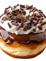 Fresh baked donut topped with dark chocolate glaze, whipped cream, and chocolate shavings on white background, macro food photography for bakery marketing.
