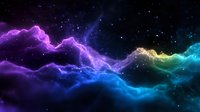Vibrant cosmic nebula with swirling purple, blue, and golden clouds against starry dark space background, creating mystical celestial atmosphere for astronomy and space designs.