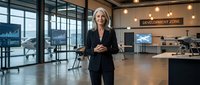 Mature woman in professional business attire standing in modern office development zone with glass partitions, wooden flooring, and contemporary workspace setup for corporate leadership and workplace concepts.