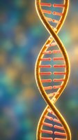 Glowing DNA double helix structure with illuminated golden strands and red base pairs against soft blurred background, used for genetics, biotechnology, and medical research concepts.