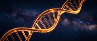 Glowing golden DNA double helix strand on dark cosmic background, representing genetics, biotechnology, and molecular biology research.