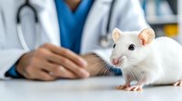 White laboratory rat during veterinary examination with medical professional in white coat and blue scrubs in background, focus on curious rodent face.