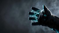 Male hand with electric lightning bolts and energy sparks against dark stormy sky background for supernatural power concepts and fantasy designs.