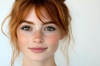 Young woman with red hair, green eyes and natural freckles smiling gently at camera against white background, close up portrait showing fresh natural makeup look.