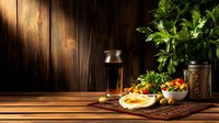Dark beer glass and traditional middle eastern mezze platter with hummus, fresh herbs and vegetables on wooden rustic background with dramatic lighting.