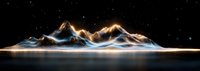 Glowing mountain range silhouette with luminous peaks reflecting on water surface against starry night sky background, creating ethereal panoramic landscape.