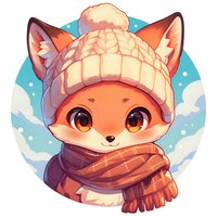 Cute fox character wearing winter knit hat and plaid scarf against snowy sky background, drawn in kawaii anime style. For children's books and greeting cards.