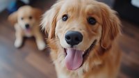 Happy golden retriever puppy with tongue out and friendly expression, another blurred puppy in background on wooden floor, close up portrait shot for pet care and training.