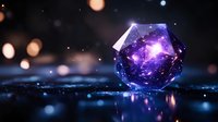 Glowing purple crystal with cosmic galaxy pattern inside reflects on wet surface against dark background with bokeh lights creating magical atmosphere.