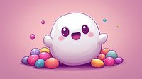 Cute kawaii ghost character with colorful Easter eggs on pink background, playful expression and rosy cheeks. Digital art for holiday designs and greeting cards.