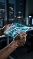 Hands holding futuristic holographic tablet with glowing neon circuit interface against blurred city skyline, representing advanced technology and digital innovation for business applications.