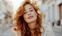 Young redhead woman with natural wavy hair and confident smile wearing white knit sweater poses outdoors in soft warm lighting, looking at camera with genuine expression.