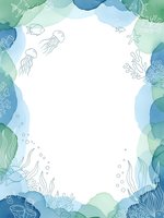 Watercolor ocean frame with marine life, jellyfish, fish and coral elements. Aquatic border design for invitations, cards and underwater themed projects.