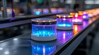 Illuminated robotic transport pods with blue LED lights moving on automated conveyor track system against blurred colorful bokeh background in modern facility.