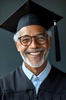 Senior African American male graduate wearing mortarboard and academic regalia smiles warmly while wearing glasses and sporting a neat white beard against dark background.