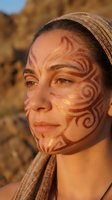 Young woman with intricate tribal face paint in warm golden tones against desert landscape during golden hour sunset light creating dramatic portrait.