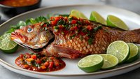 Grilled whole fish with spicy red sauce, fresh lime wedges and herbs on white plate. Restaurant quality seafood dish ready for menu photography and culinary content.